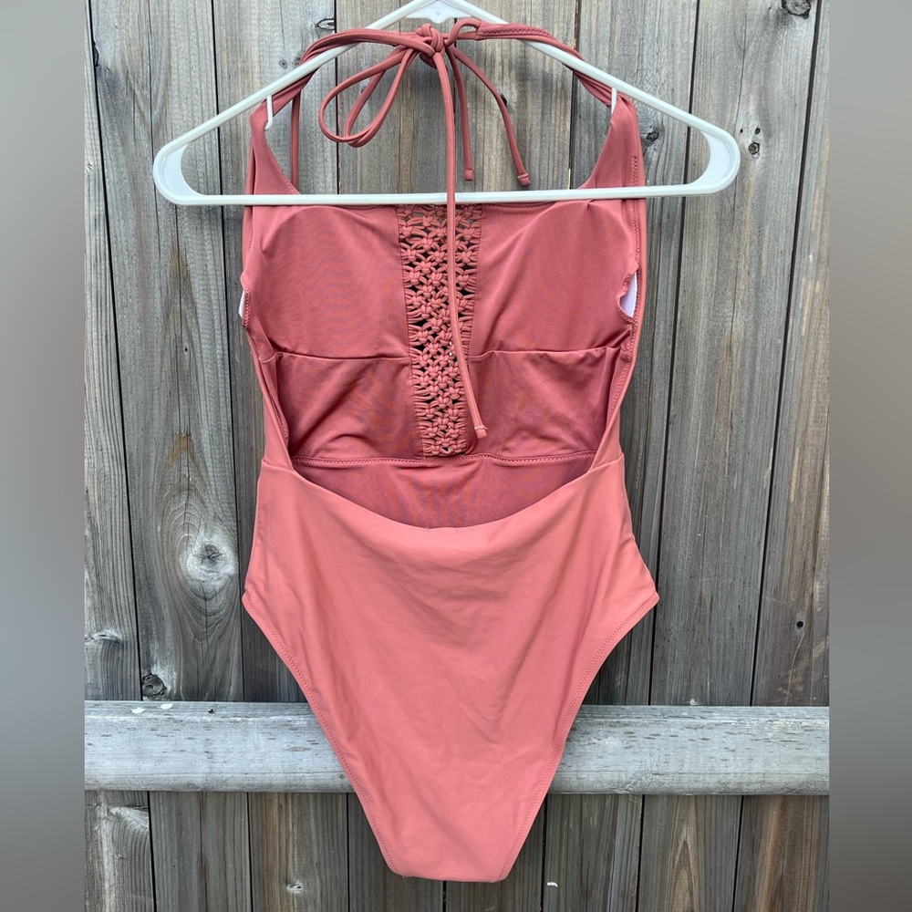 Aerie Halter Neck One Piece Suit with Cute Crochet Woven Detail Down the Front - Picture 4 of 4
